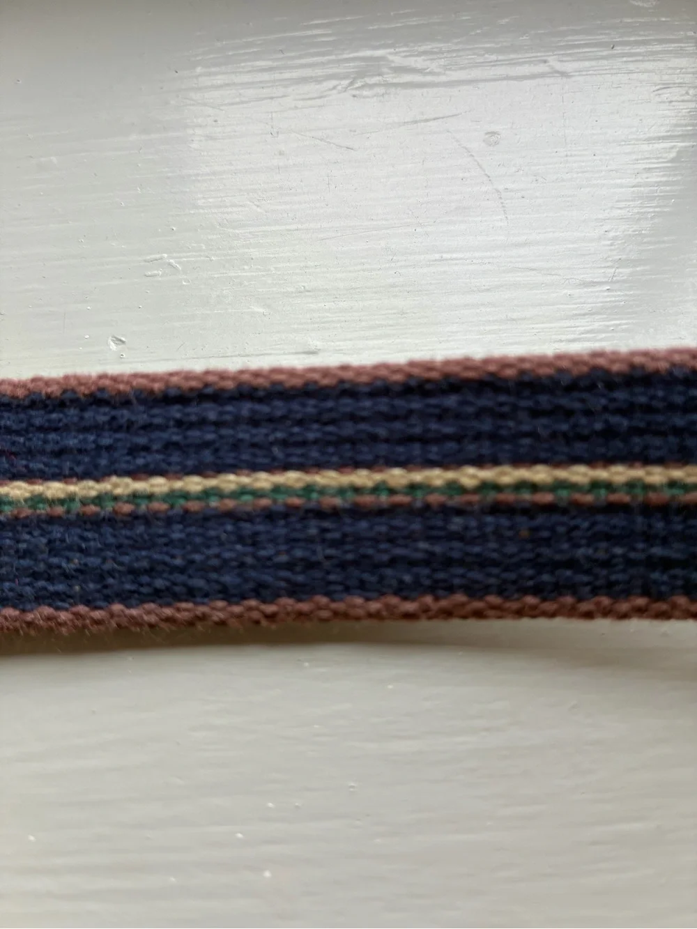 Mens Size 36 Surcingle Belt Striped Canvas Webbing Leather Trim Brass Buckle